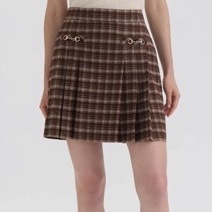 NWT Hunter - Pleated Horsebit Miniskirt Small $89 Brown Plaid Mini Skirt